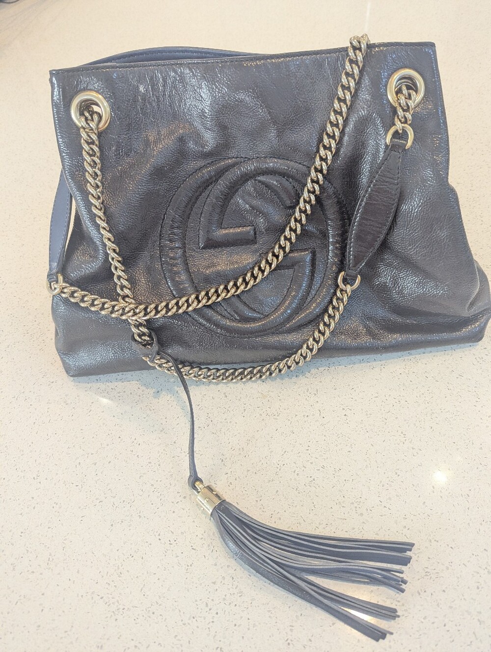 Gucci Navy Soho Leather Shoulder Bag with Gold Chain and Tassel